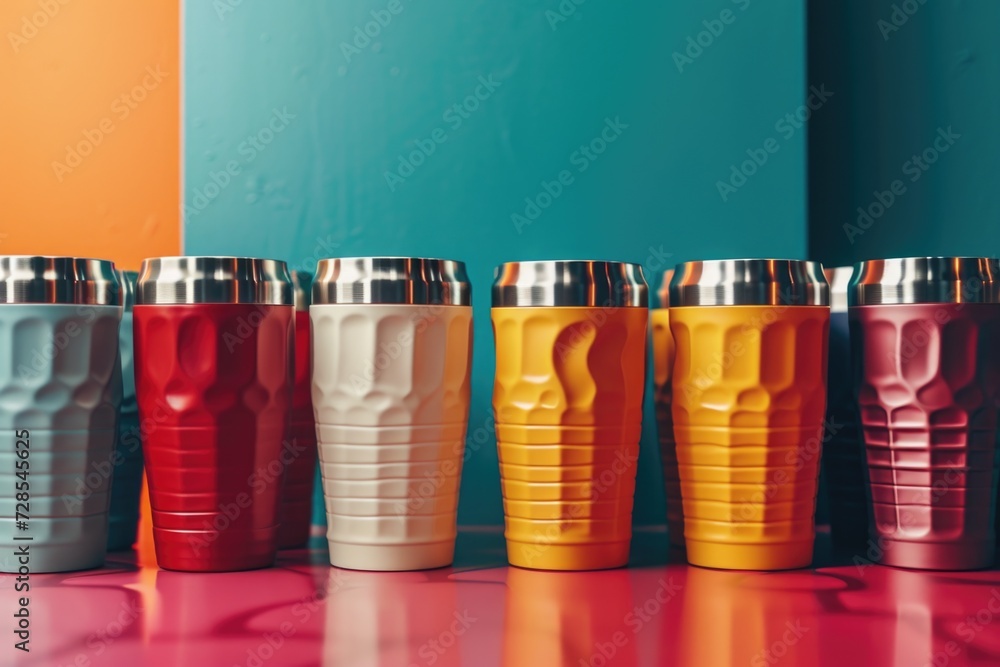 Aufkleber A row of different colored cups placed on a table. Suitable for various uses