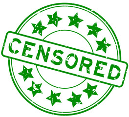 Grunge green censored word with star icon round rubber seal stamp on white background