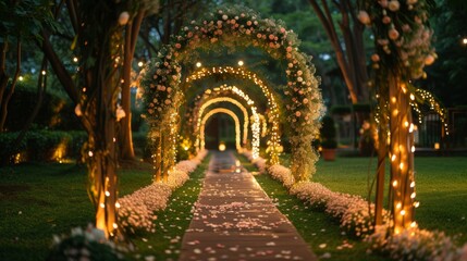 Romantic Wedding Venue with Floral Arches and Fairy Lights