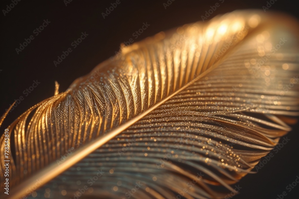 Poster a close-up shot of a golden feather on a black background. this image can be used for various creati