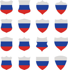 Russia flag - flat collection Badges. Flags of different shaped sixteen flat icons. Vector illustration set. 
