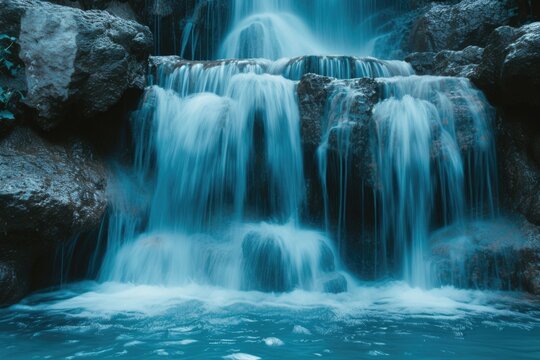 A picture of a waterfall flowing over rocks. This image can be used to depict the beauty of nature and the power of water