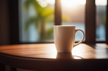Mockup white ceramic mug with steam on a wooden table near window in minimalistic cinematic style. Template, layout for your design, advertising, logo with copy space, sunset light, soft focus