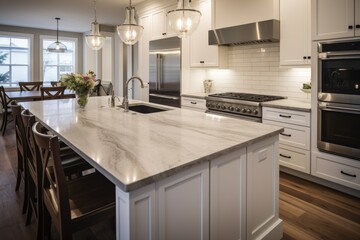 Fototapeta premium A picture of a kitchen featuring a center island and a stove. Ideal for showcasing modern kitchen designs and functionality