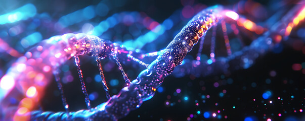 Futuristic 3D rendering of neon-infused DNA strands intertwining, symbolizing the essence of life in a visually captivating manner.  - obrazy, fototapety, plakaty