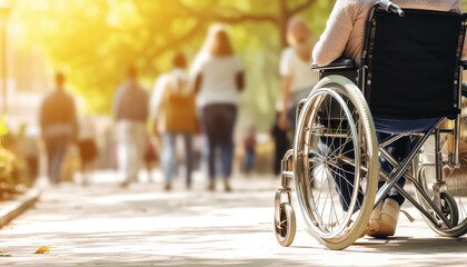 Man in wheelchair on street wheel close-up