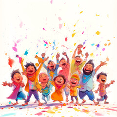 An animated sketch capturing the excitement of Holi with funny human characters engaging in joyful and lively celebrations