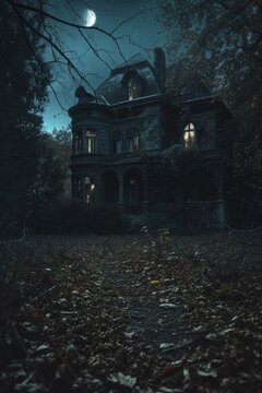 A chilling image of a house surrounded by a dark and eerie forest. Perfect for Halloween themes or creating a suspenseful atmosphere in design projects