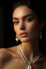 A beautiful woman wearing a necklace and earrings. Perfect for fashion and jewelry-related projects