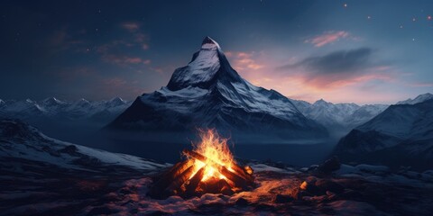 A campfire with a mountain in the background. Perfect for outdoor and camping-themed designs