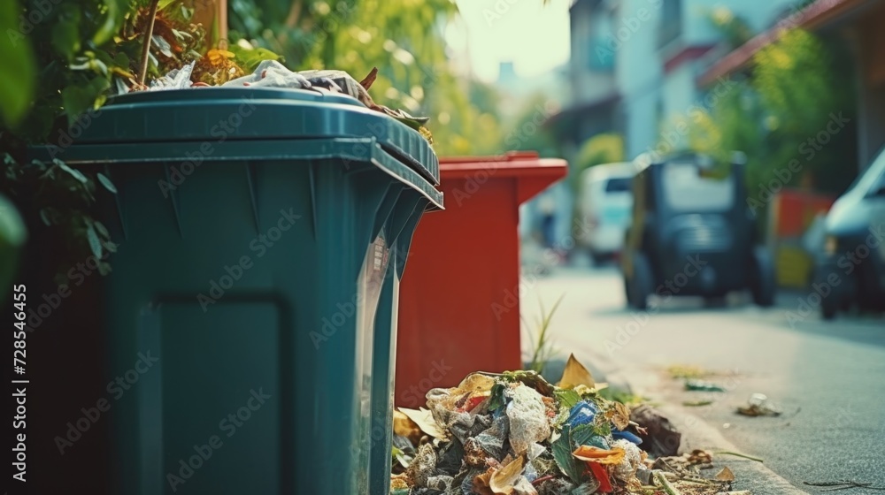 Poster a pile of trash discarded on the side of a road. suitable for illustrating environmental pollution.