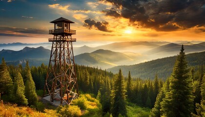 Fire Lookout towering a national forest - obrazy, fototapety, plakaty