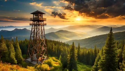 Deurstickers Fire Lookout towering a national forest © Niklas