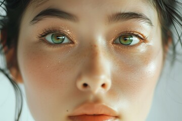 A close up of a woman's face with striking green eyes. Perfect for beauty, cosmetics, or eye care-related designs