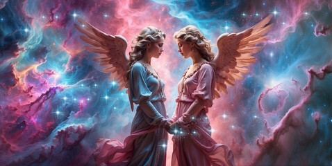 two beautiful angel standing opposite each other over cosmic background with nebula and stars like concept of angelic love and protection in all the universe