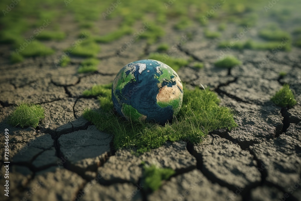 Poster a small globe sitting on top of a patch of grass. can be used to represent global concepts, travel, 