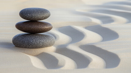 Fototapeta na wymiar Zen stones with lines in the sand harmony and peace spa background. Therapy concept. 