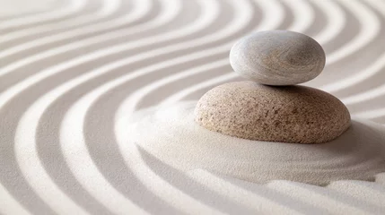 Fototapeten Zen stones with lines in the sand harmony and peace spa background. Therapy concept.  © Andrei