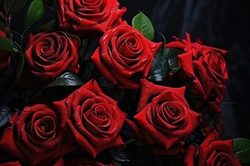A beautiful bunch of red roses with vibrant green leaves. Perfect for expressing love and romance. Ideal for Valentine's Day, anniversaries, and special occasions
