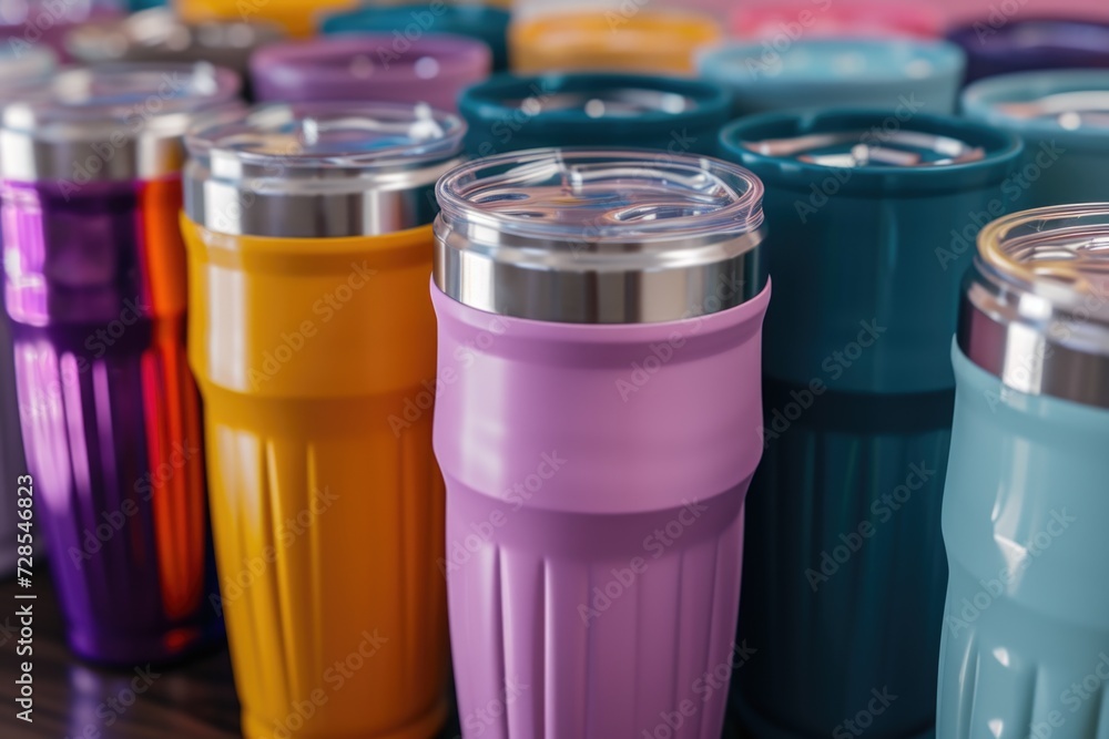 Leinwandbilder A bunch of different colored cups arranged on a table. Great for use in various settings