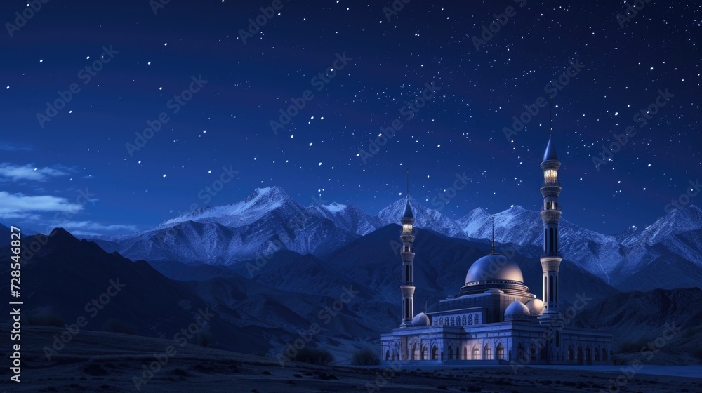 Aufkleber a mosque illuminated at night stands in the midst of a majestic mountain range. this image can be us