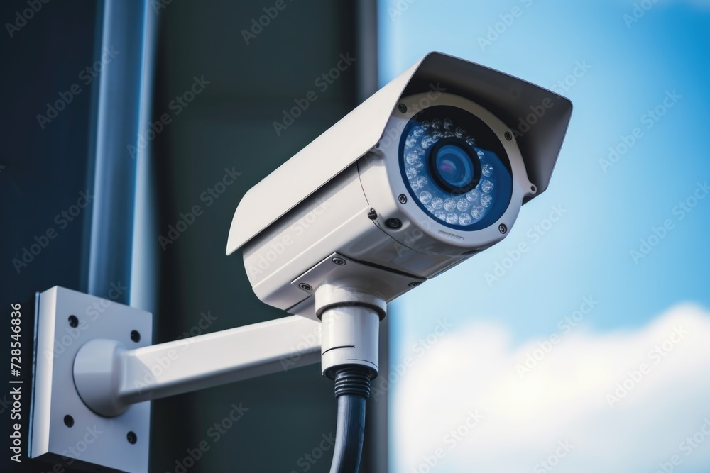 Poster A security camera mounted on the side of a building. Can be used to monitor and enhance security