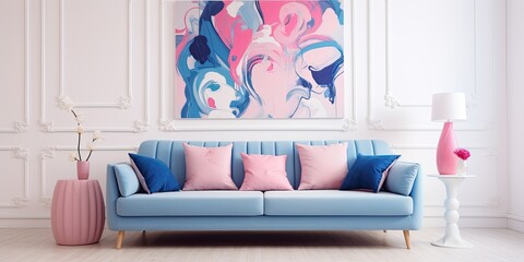 Blue sofa on patterned carpet in a luxurious living room with a pink painting on a white wall.