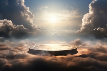 Futuristic sky podium for product display. Clouds and space promotion. Magical