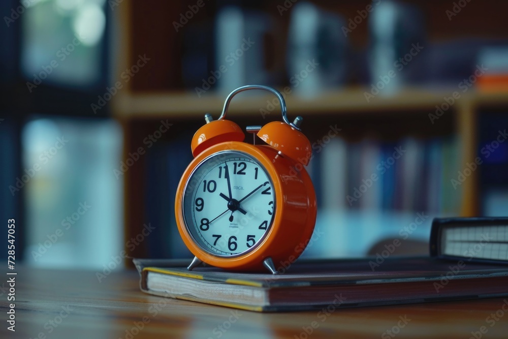 Poster an orange alarm clock sitting on top of a stack of books. perfect for time management and productivi