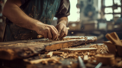 Artistry of woodworking as a carpenter skillfully shapes and refines wood