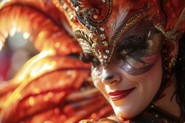 A woman wearing a red and gold costume. Perfect for costume parties and theatrical performances