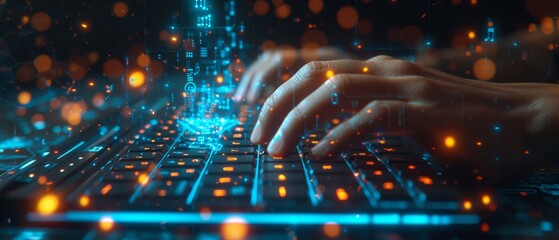 The hands of a data protection officer typing on a futuristic keyboard with holographic data privacy controls floating above, symbolizing the proactive measures taken 
