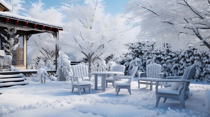 Back yard of house, trees and standing outdoor furniture covered in snow. Snowy winter day, cold weather season