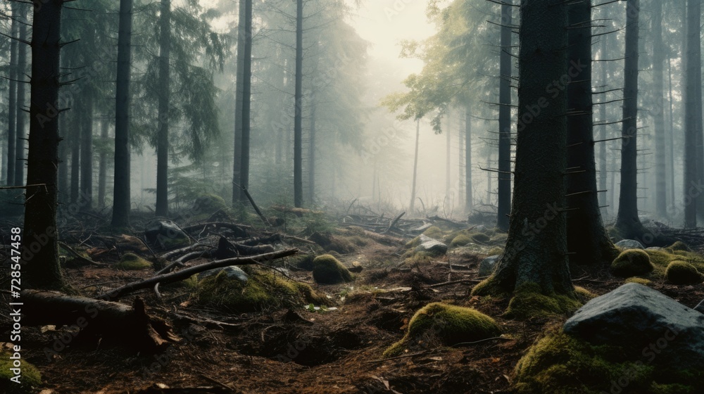 Poster A serene view of a dense forest filled with towering trees and scattered rocks. Perfect for nature-themed projects and outdoor adventure concepts