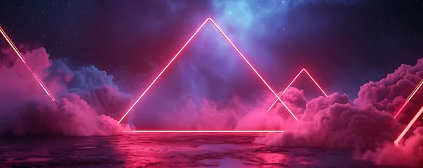 Foto op Canvas Futuristic 3D rendering with neon geometric shapes and stormy clouds, forming an intriguing rhombus frame against a night sky. © simo