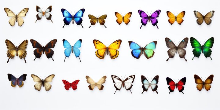 Colorful butterflies gathered on a white surface. Suitable for nature, beauty, or insect-related projects