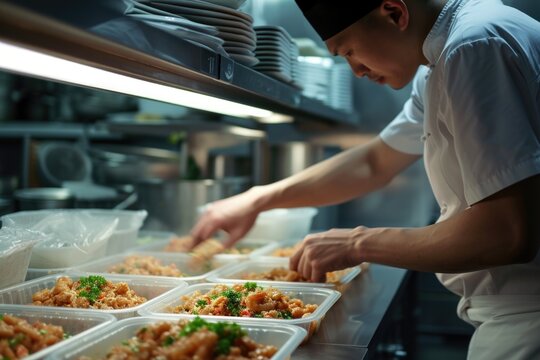 A chef is seen preparing food in a busy restaurant kitchen. This image can be used to showcase the behind-the-scenes action in a professional kitchen