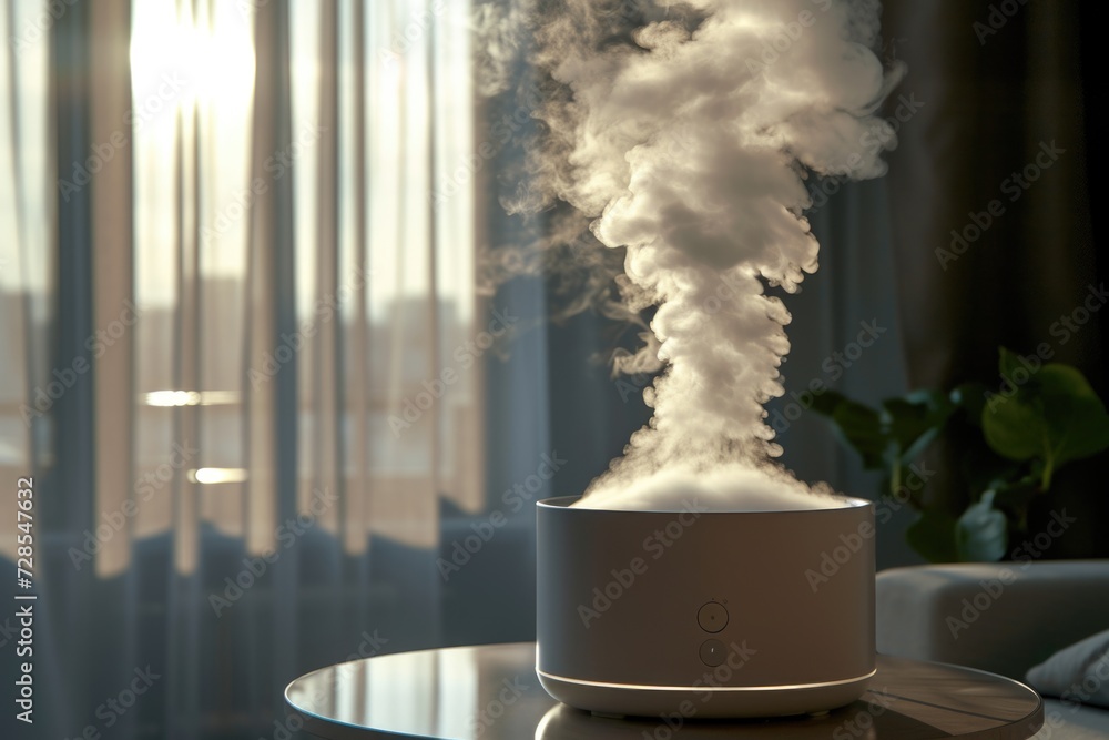 Poster A compact humidifier sits on top of a table next to a window. This image can be used to depict a clean and fresh living space