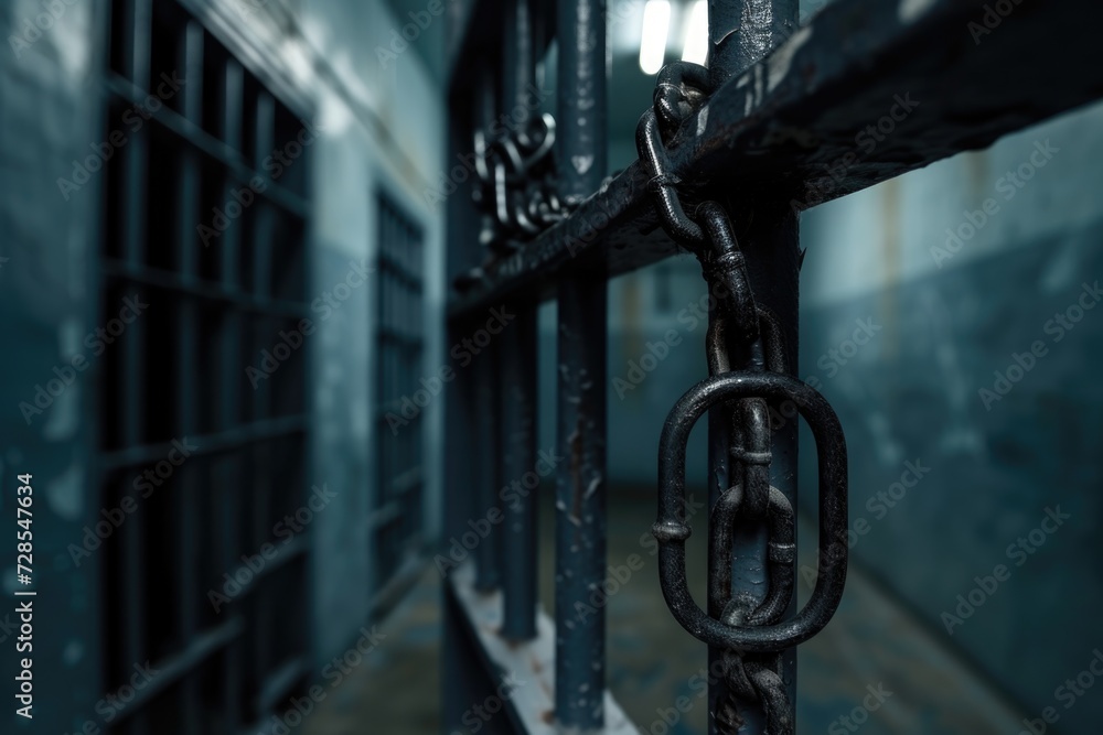 Poster a picture of a jail cell with a chain hanging from it. this image can be used to depict incarceratio