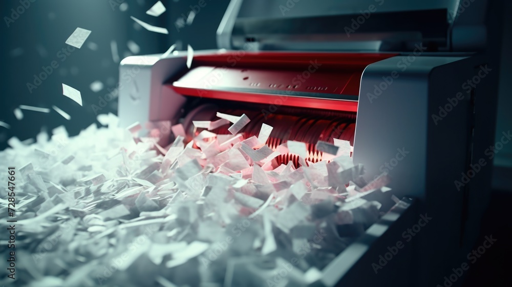 Poster A pile of shredded paper is being fed into a machine for further processing. This image can be used to depict document destruction, recycling, or paper waste management.