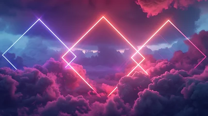Foto op Plexiglas Futuristic 3D rendering with neon geometric shapes and stormy clouds, forming an intriguing rhombus frame against a night sky. © simo