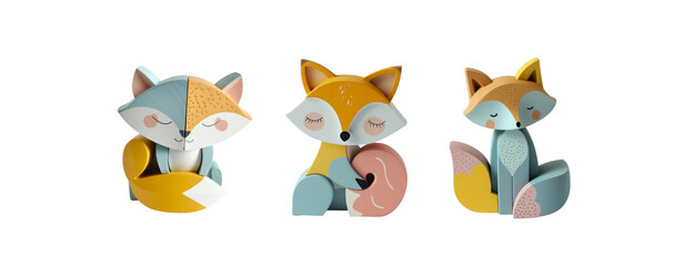 cute minimal wooden toy Fox with pastel color, Wooden Fox. isolated on white background or transparent background. woodland Fox clipart png cutout