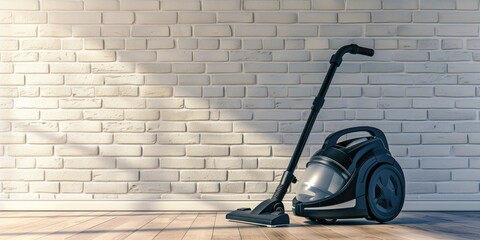A black and silver vacuum cleaner placed on a wooden floor. Ideal for home cleaning and maintenance - obrazy, fototapety, plakaty