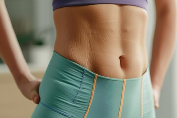 Fototapeta na wymiar Close up of a woman's stomach with her hands on her hips. Suitable for health, fitness, and body positivity concepts