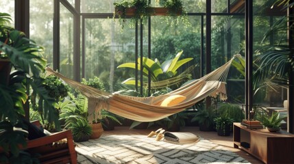 A comfortable hammock hanging in a well-lit room filled with lush green plants. Perfect for creating a cozy and relaxing atmosphere indoors