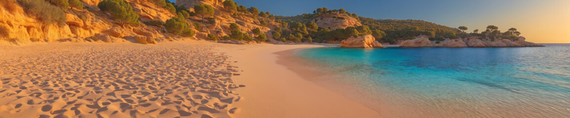 Obraz premium A breathtaking scene of a beach, trees, and mountains bathed in the warm glow of the setting sun, embraced by the calm waters