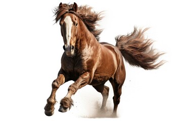 A brown horse running on a white background. Suitable for equestrian-related designs and projects