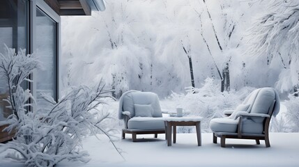 Back yard of house, trees and standing outdoor furniture covered in snow. Snowy winter day, cold weather season