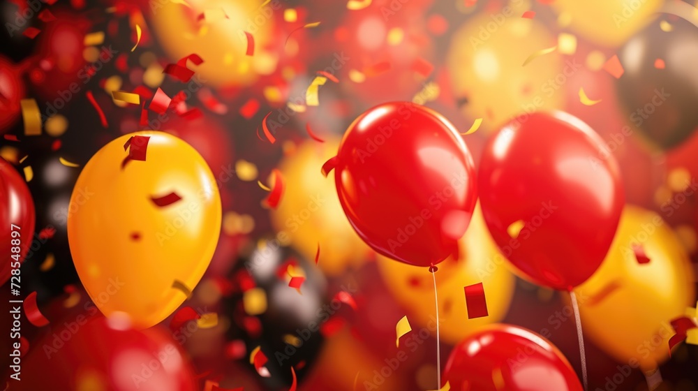 Poster a vibrant collection of red and yellow balloons adorned with confetti. perfect for adding a festive 