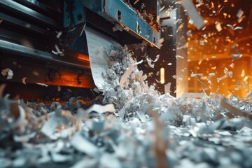 A pile of shredded paper being processed by a shredding machine. This image can be used to depict document destruction, office clean-up, or recycling activities